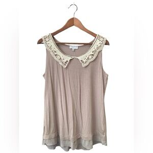 New Taupe Joseph A Lace and Hand Beaded Collar Tank Large